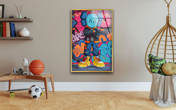 Kaws Colored Graffiti Glass Wall Art glass pictures for Wall, glass prints wall art