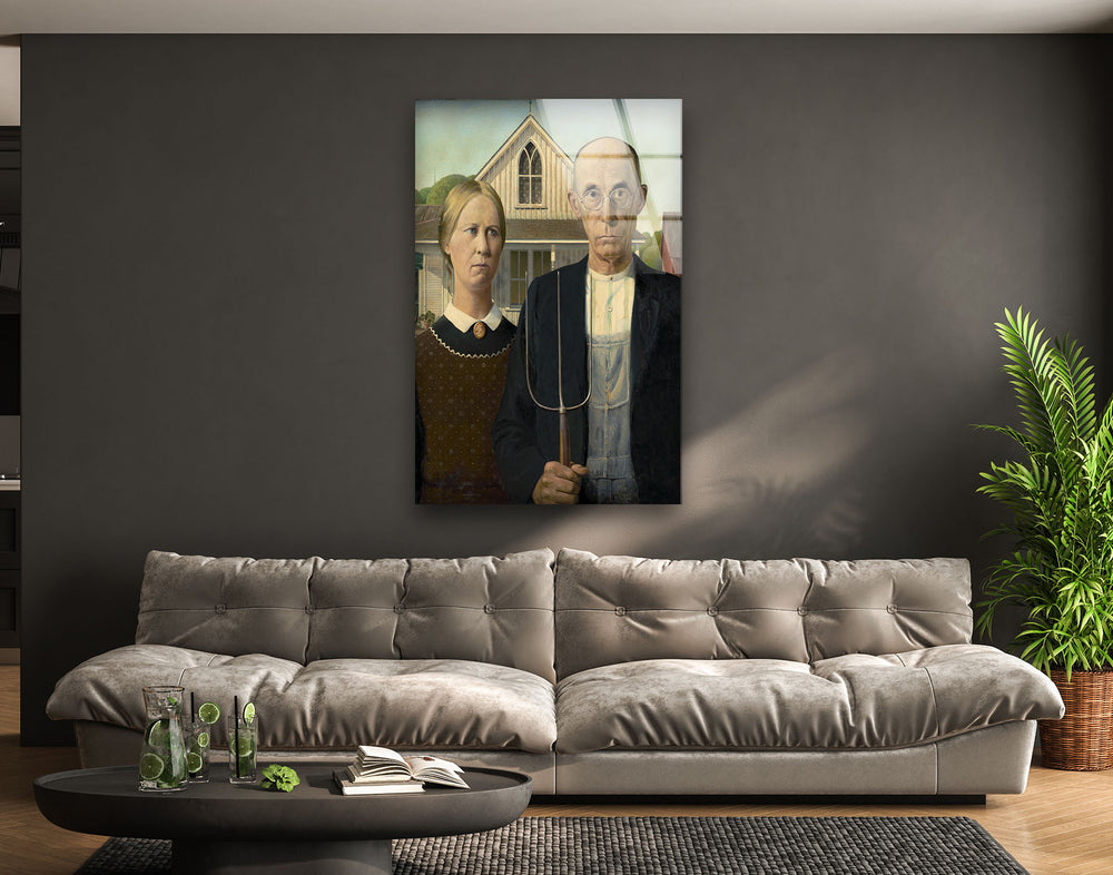 American Gothic Grant Wood Glass Wall Art custom glass pictures, glass art prints
