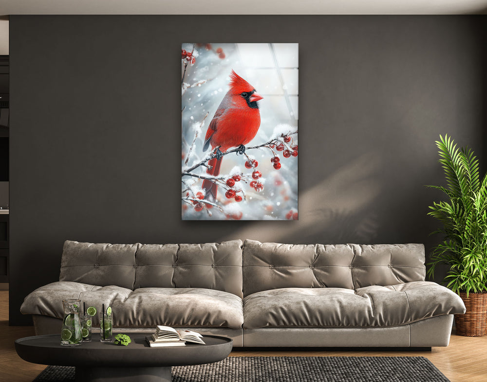 Snowy Goldfinch Glass Wall Art custom glass pictures, glass art prints
