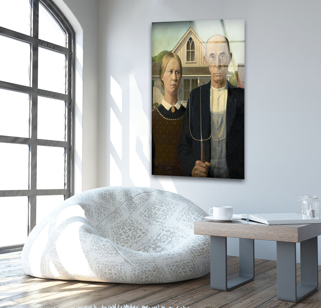 American Gothic Grant Wood Glass Wall Art stained glass wall art, stained glass wall decor
