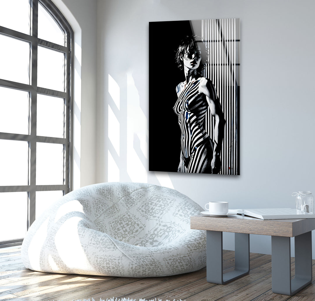 Modern glass wall art with a blend of erotic and sexy artistic elements

