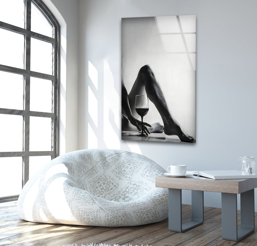 Modern glass wall art with a blend of erotic and sexy artistic elements
