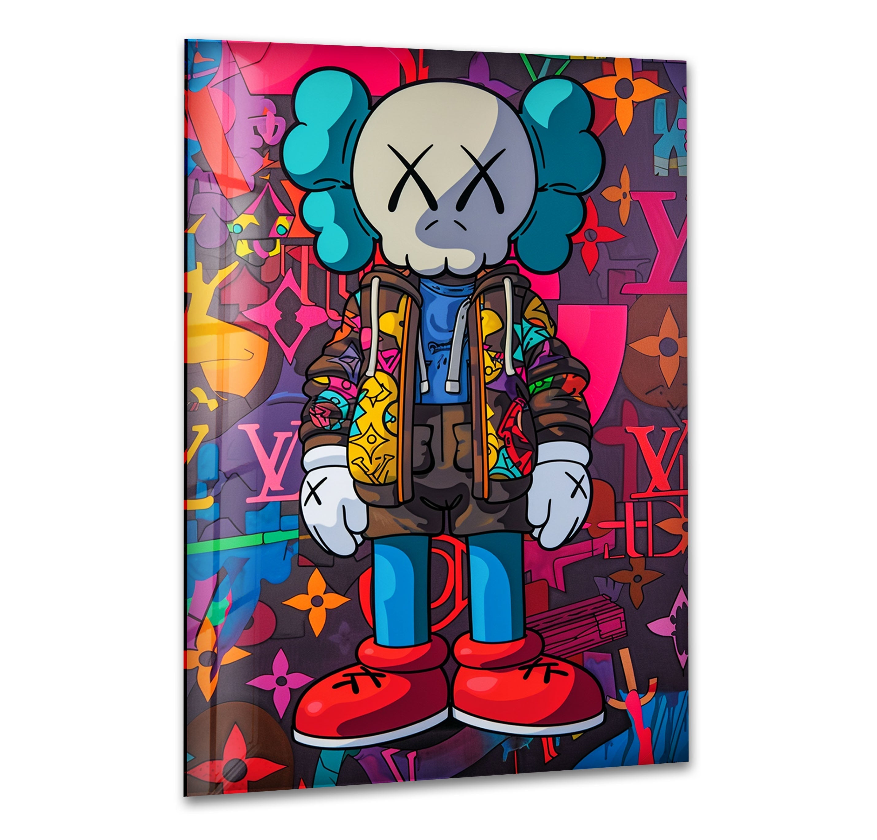 Kaws Colored Glass Wall Art photo print on glass, prints on glass wall art