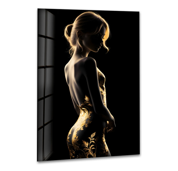 Modern glass wall art showcasing sensual naked art and erotic paintings
