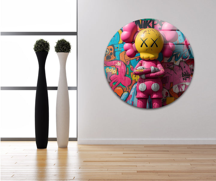 Pink Kaws Glass Wall Art photo print on glass, prints on glass wall art