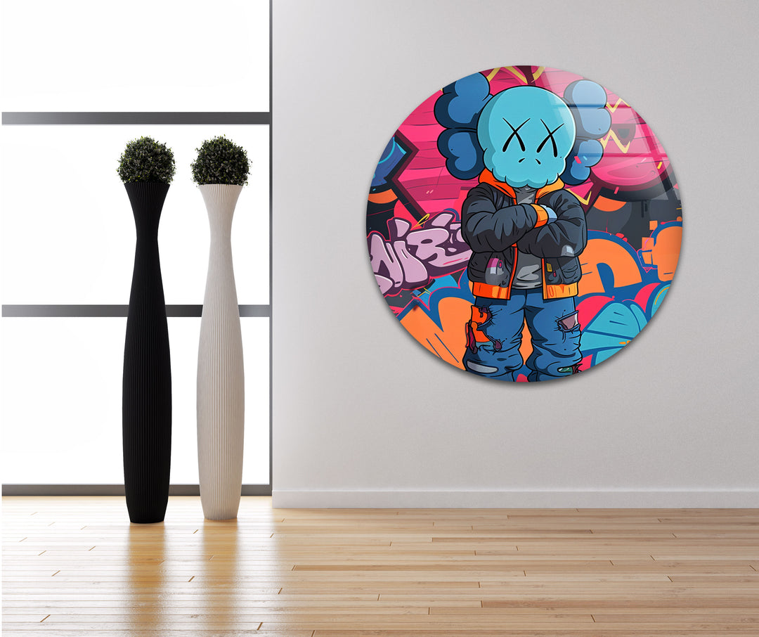 Kaws Colored Graffiti Glass Wall Art photo print on glass, prints on glass wall art