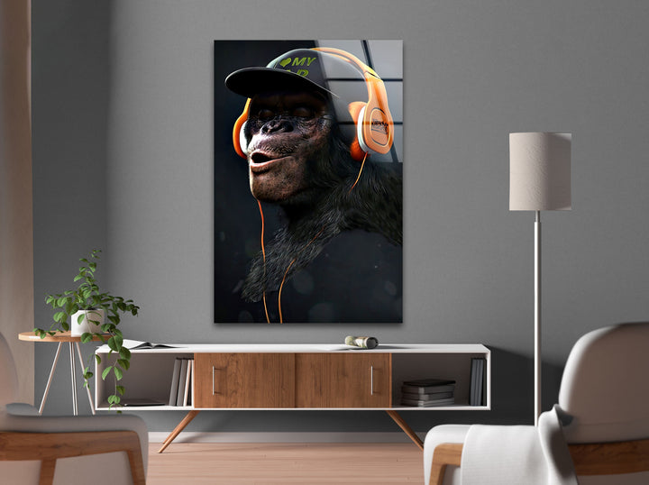 Monkey With Orange Headphones Glass Wall Art glass photo prints, glass picture prints
