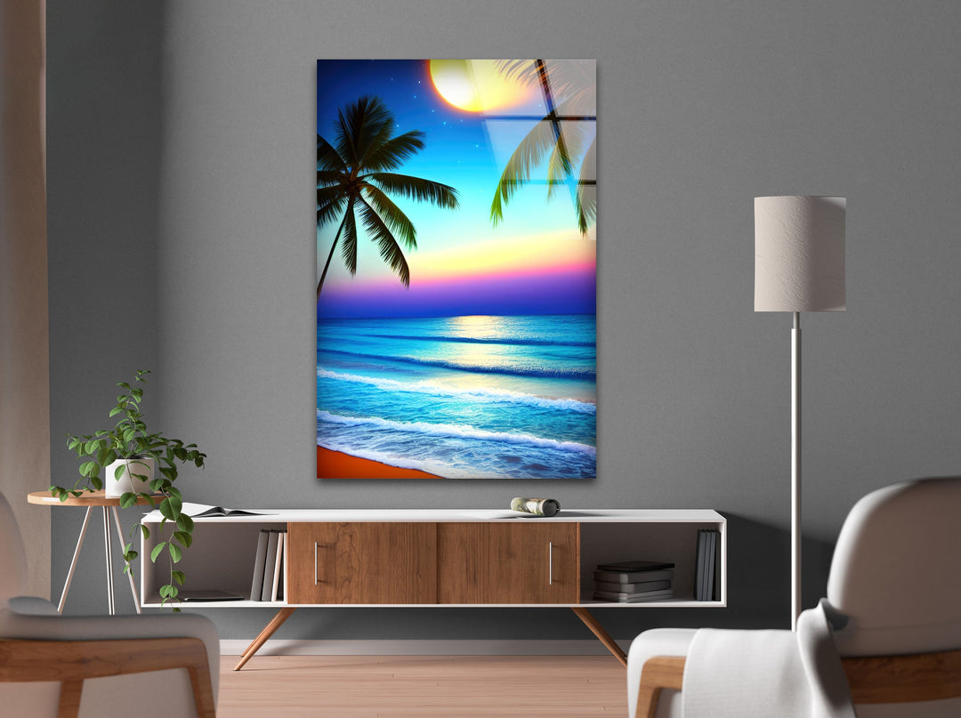 Palm Trees On The Beach Glass Wall Art print picture on glass, Tempered Glass Wall Art