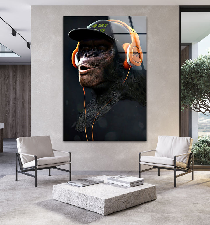 Monkey With Orange Headphones Glass Wall Art glass image printing, glass prints from photos
