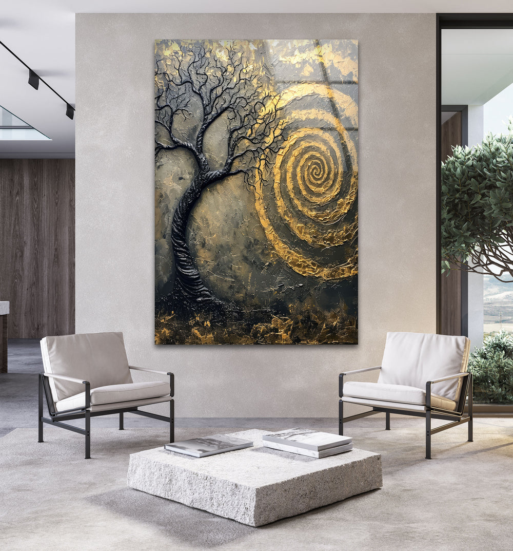 Golden Vortex and Tree Glass Printing Wall Arts