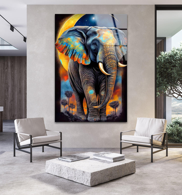 Elephant With Moon Glass Wall Art Glass Printing Wall Art, Print photos on glass