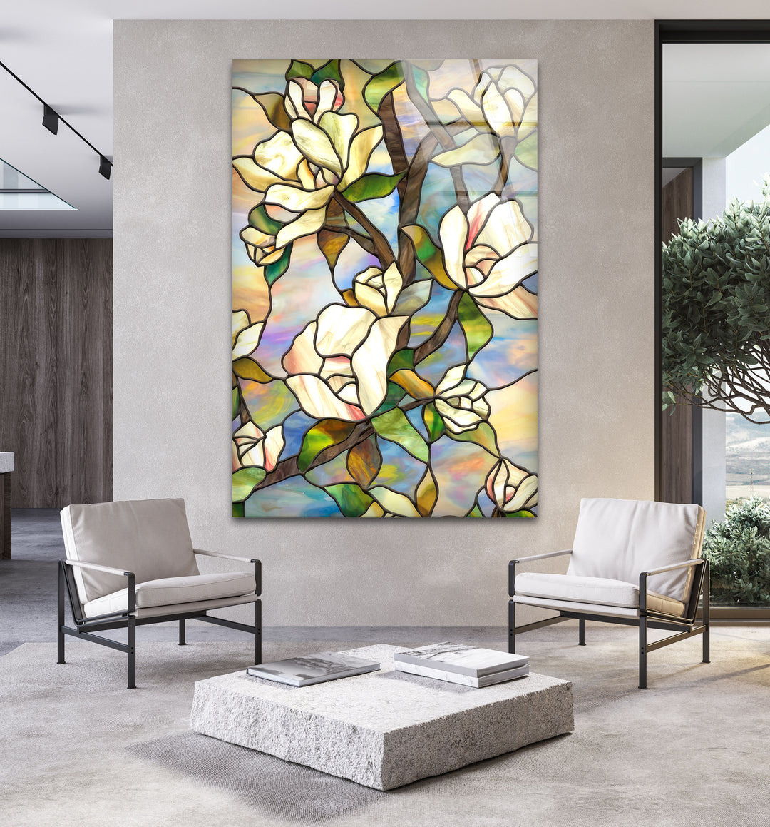 Stained Magnolia Glass Wall Art, custom glass pictures, glass art prints