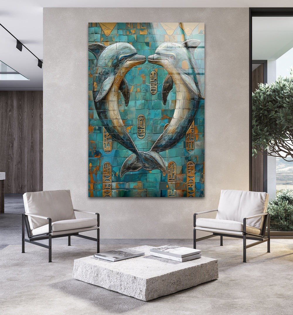 Mosaic Dolphins Glass Wall Art print on glass, glass printed photos