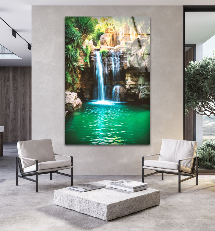 Waterfall Pool Glass Wall Art picture on glass wall art, photos printed on glass