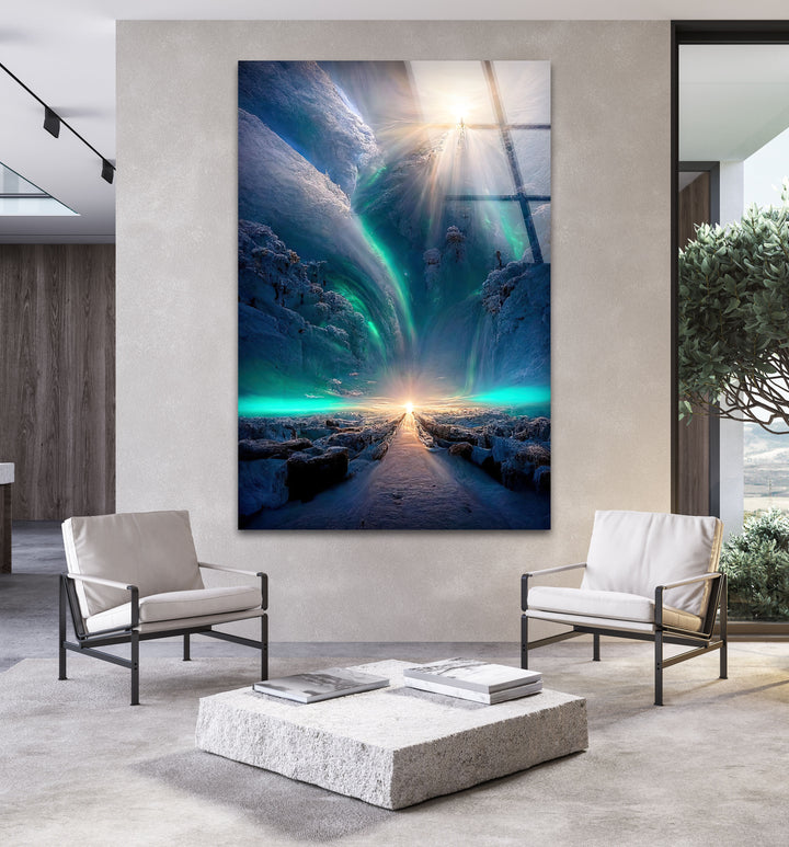 Frozen Waterfall With a Tree Glass Wall Art glass photo prints, glass picture prints