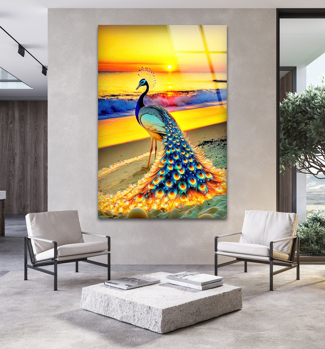 Sunset Peacock Glass Wall Art custom glass photo prints, large glass prints