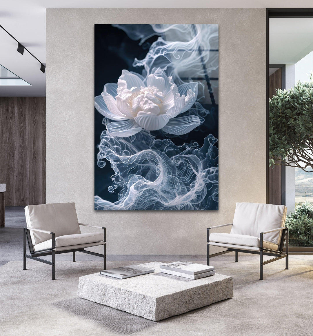 Smoke White Flower Glass Wall Art, custom glass pictures, glass art prints