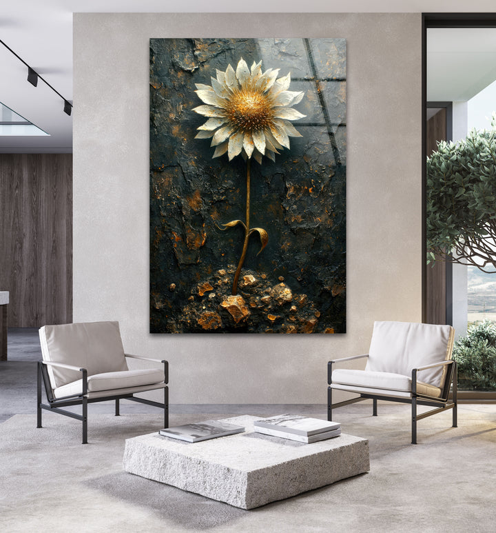 Sunflower With Gold Leaves Glass Wall Art, photo print on glass, prints on glass wall art