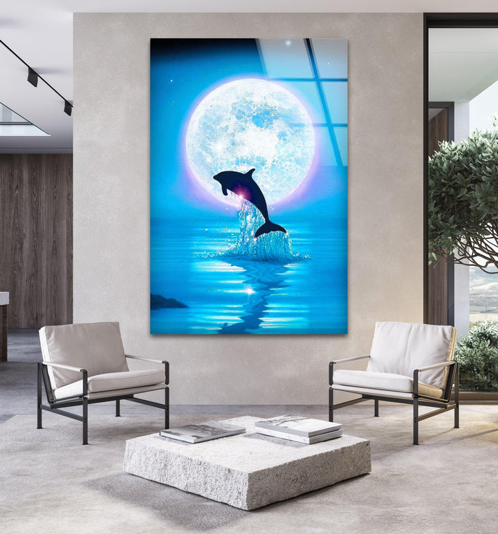 Night Dolphin Glass Wall Art glass image printing, glass prints from photos