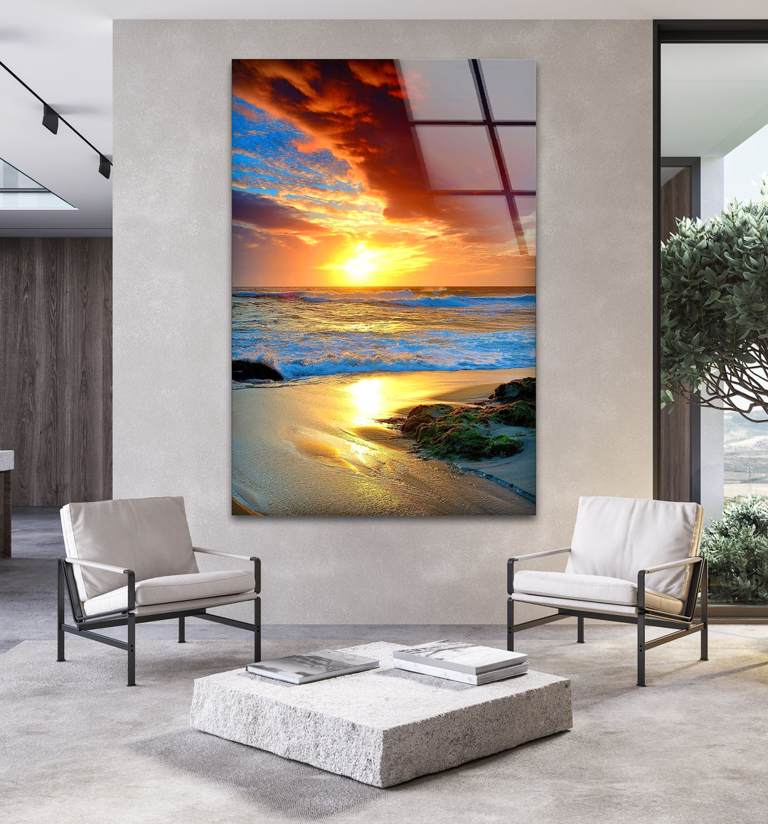 Red Cloud Sunset Ocean Glass Wall Art picture on glass wall art, photos printed on glass