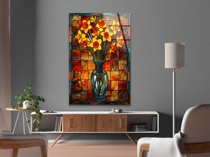 Yellow Daffodil Stained Glass Wall Art, glass pictures for Wall, glass prints wall art