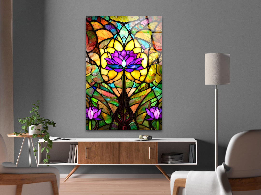 Stained Purple Flowers Glass Wall Art large glass photo prints, glass wall photos