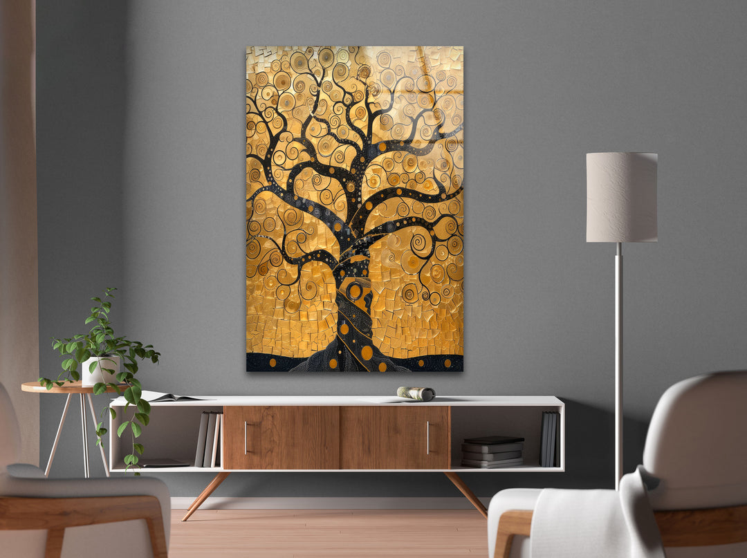 Mosaic Golden Tree Of Life Glass Wall Art, glass pictures for Wall, glass prints wall art