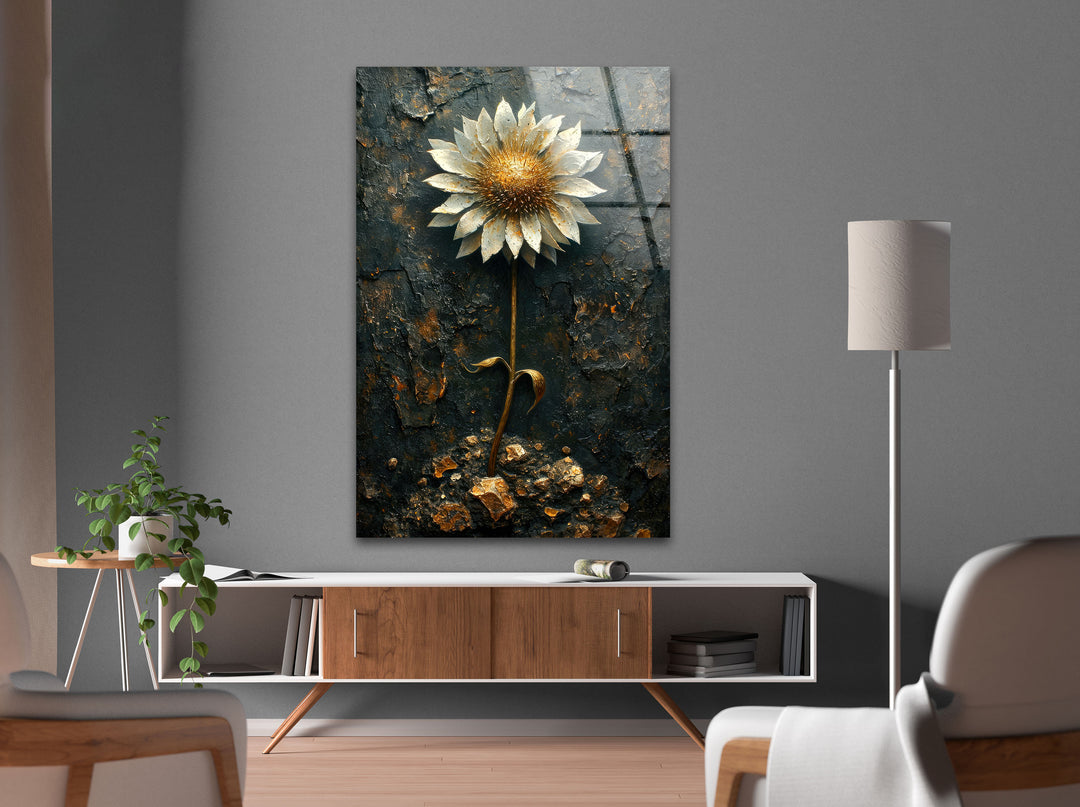 Sunflower With Gold Leaves Glass Wall Art, glass photo prints, glass picture prints