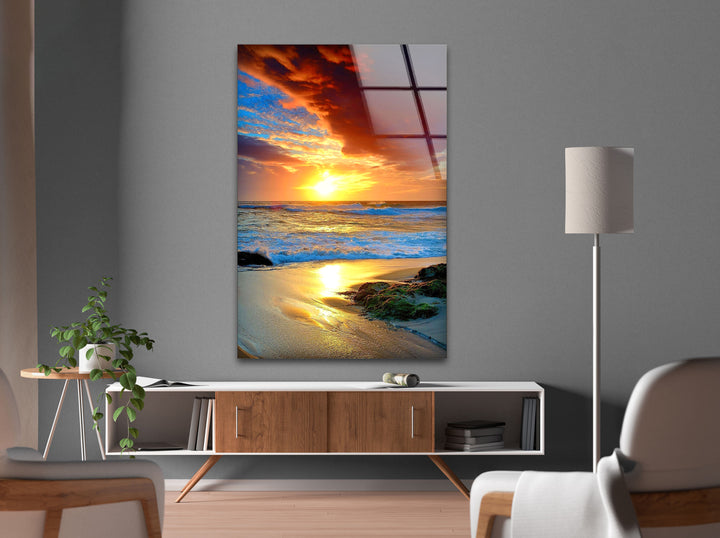 Red Cloud Sunset Ocean Glass Wall Art custom glass photo prints, large glass prints