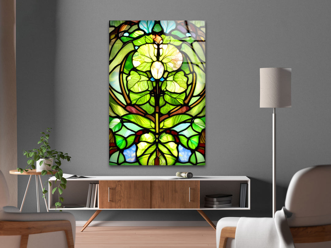 Stained Green Leaf Glass Wall Art, glass photo prints, glass picture prints