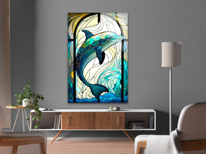 Diamond Dolphin Glass Wall Art print picture on glass, Tempered Glass Wall Art