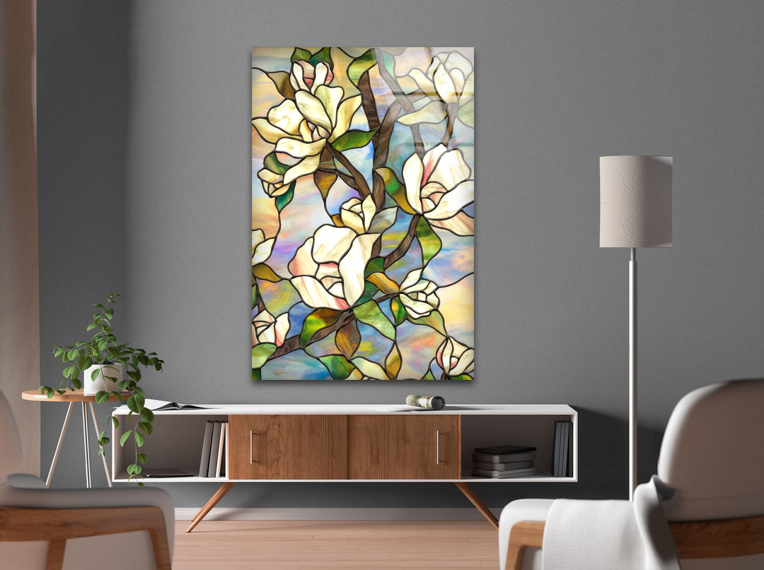 Stained Magnolia Glass Wall Art, Glass Printing Wall Art, Print photos on glass