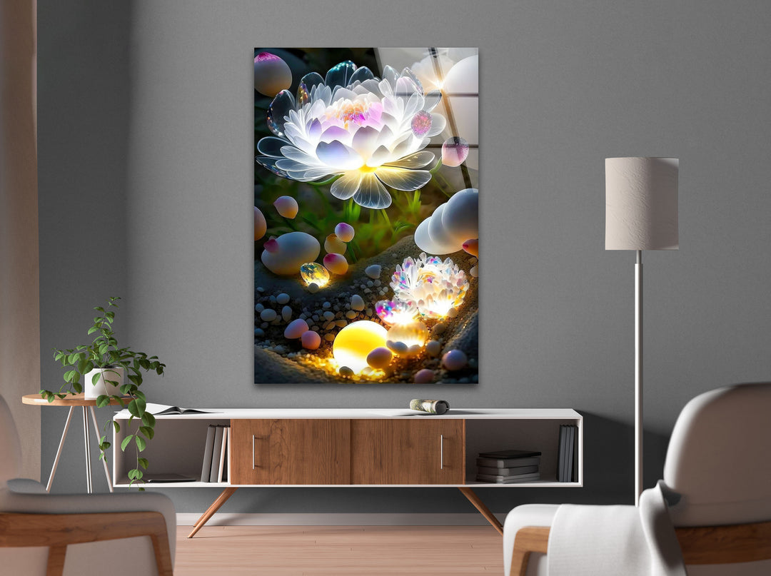 Glowing Lotus Flower Glass Wall Art, custom glass pictures, glass art prints