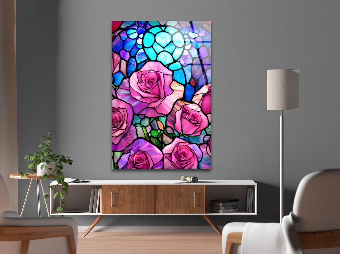 Pink Roses Stained Glass Wall Art, glass photo prints, glass picture prints