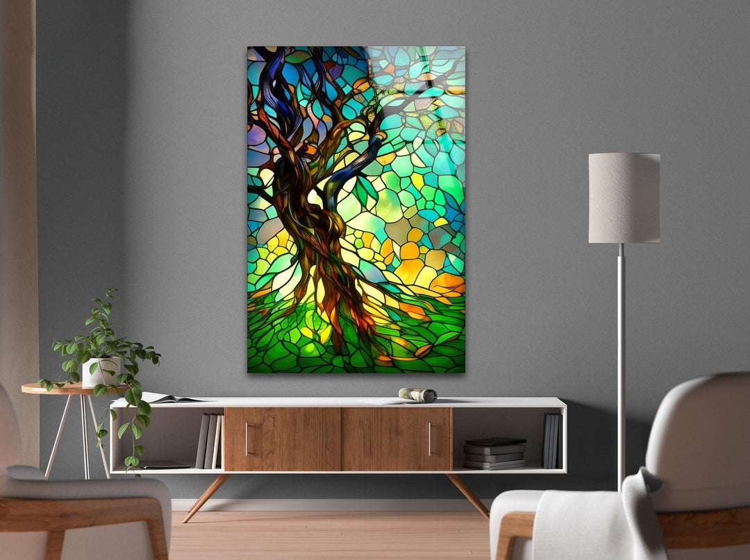 Stained Gnarled Tree Glass Wall Art glass art painting, glass art for the Wall