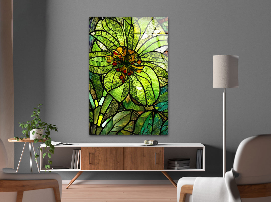 Green Flower Stained Glass Wall Art, custom glass pictures, glass art prints