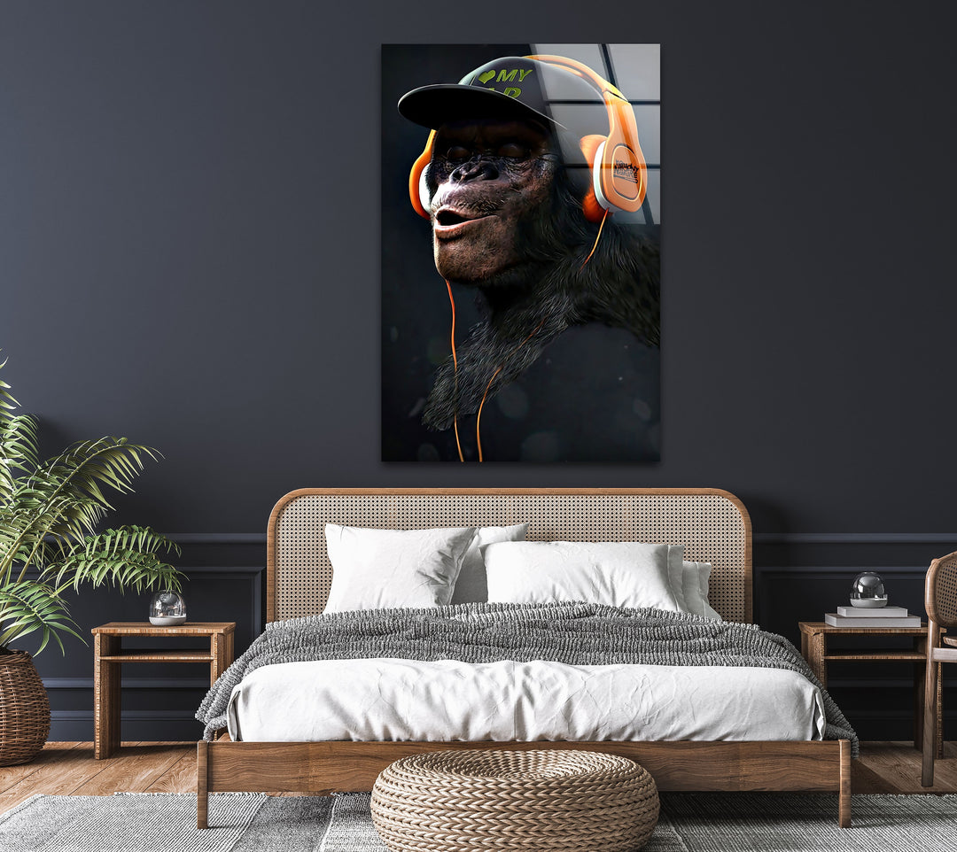 Monkey With Orange Headphones Glass Wall Art Glass Printing Wall Art, Print photos on glass
