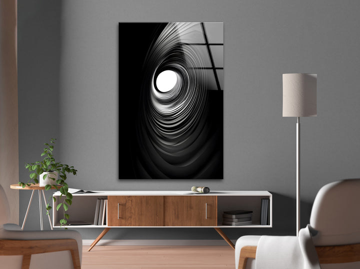 Mesmerizing black-and-white spiral design on glass, offering a sleek, artistic touch to your walls.
