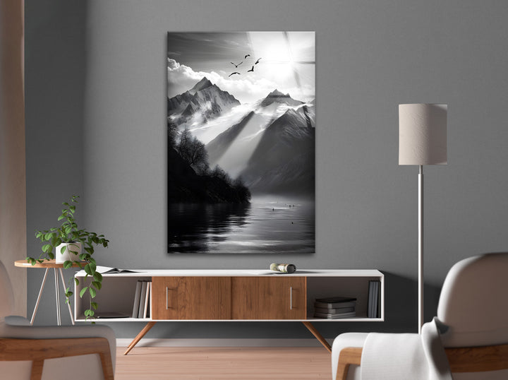 Captivating mountain landscape art in black-and-white tones, adding drama to any room.
