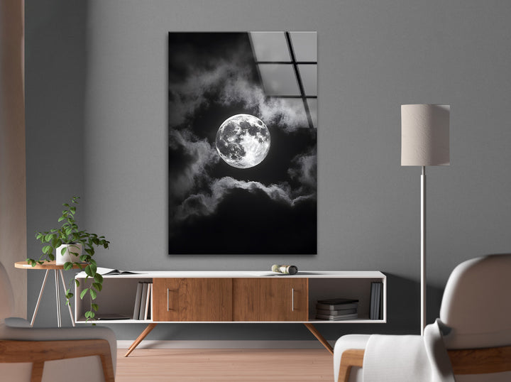 A dramatic night sky featuring a glowing moon, beautifully printed on glass for a striking visual impact.
