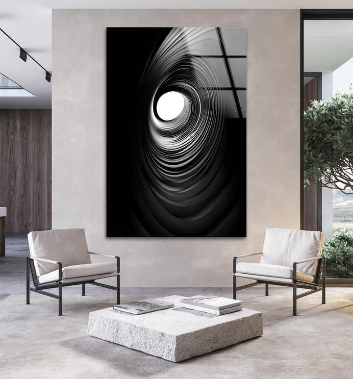 Elegant black-and-white spiral pattern captured on high-quality glass, ideal for minimalist décor.
