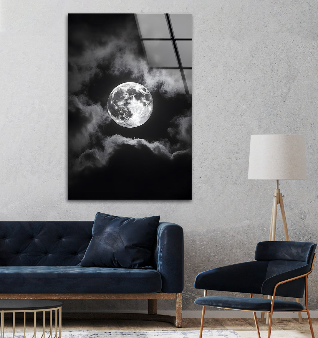 Breathtaking black-and-white moon wall art on glass, ideal for creating a peaceful, atmospheric space.
