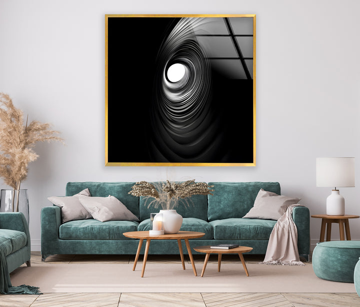 Abstract spiral art in bold black-and-white, printed on durable glass for a striking visual impact.
