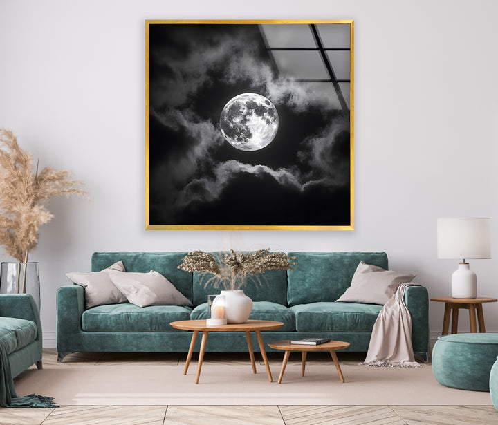 Full moon captured in high-contrast black-and-white on glass, adding elegance to your space.
