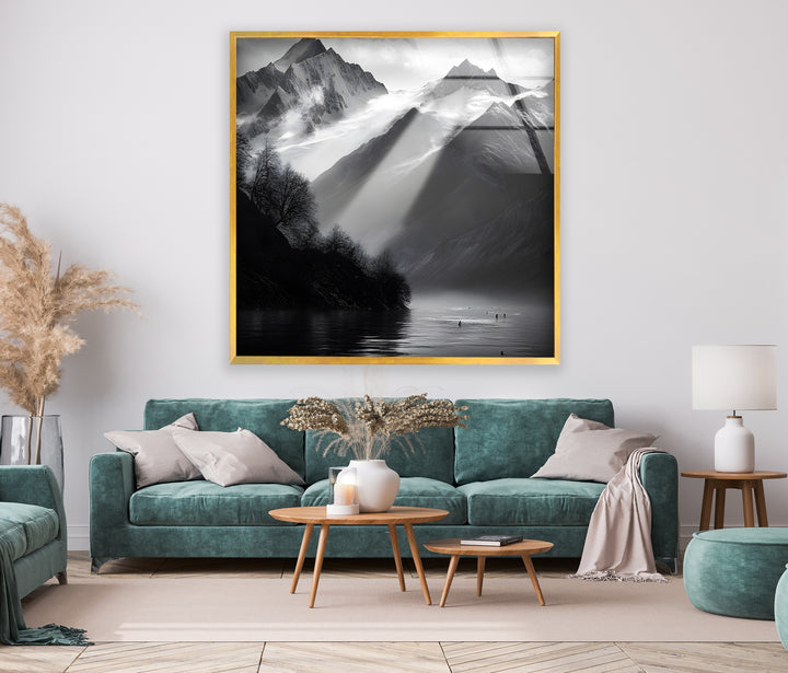 Serene mountain scenery in high-contrast black-and-white, printed on reinforced glass.
