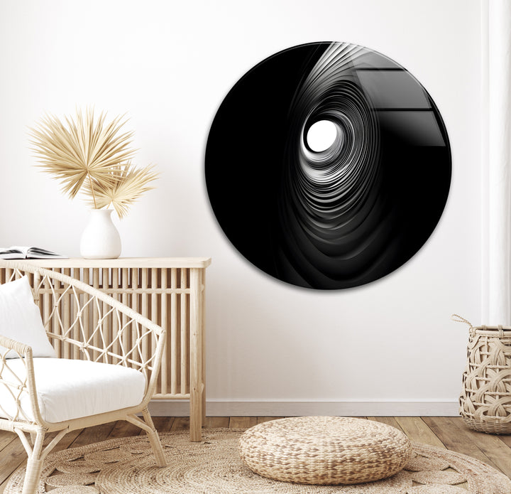 Contemporary black-and-white spiral design on glass, adding modern flair to your living space.
