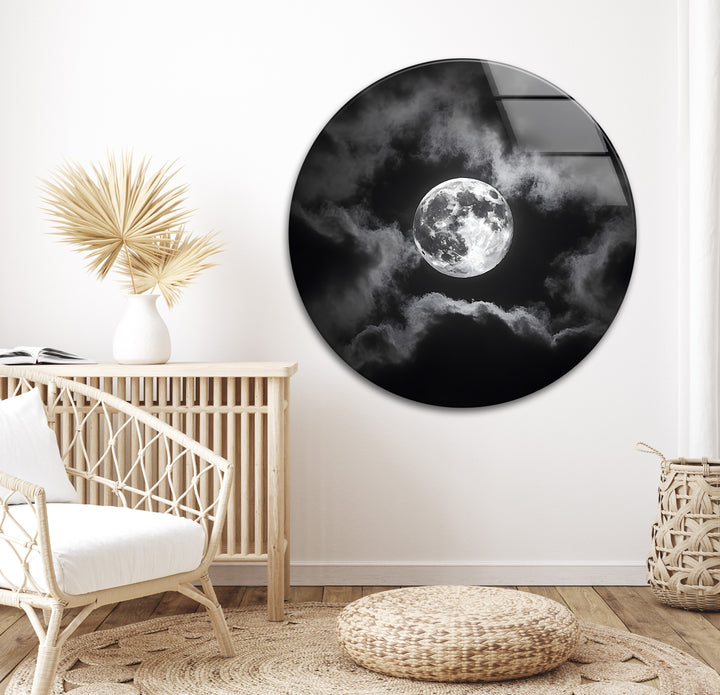 Beautiful black-and-white moon scene on glass, creating a serene yet powerful statement in any room.
