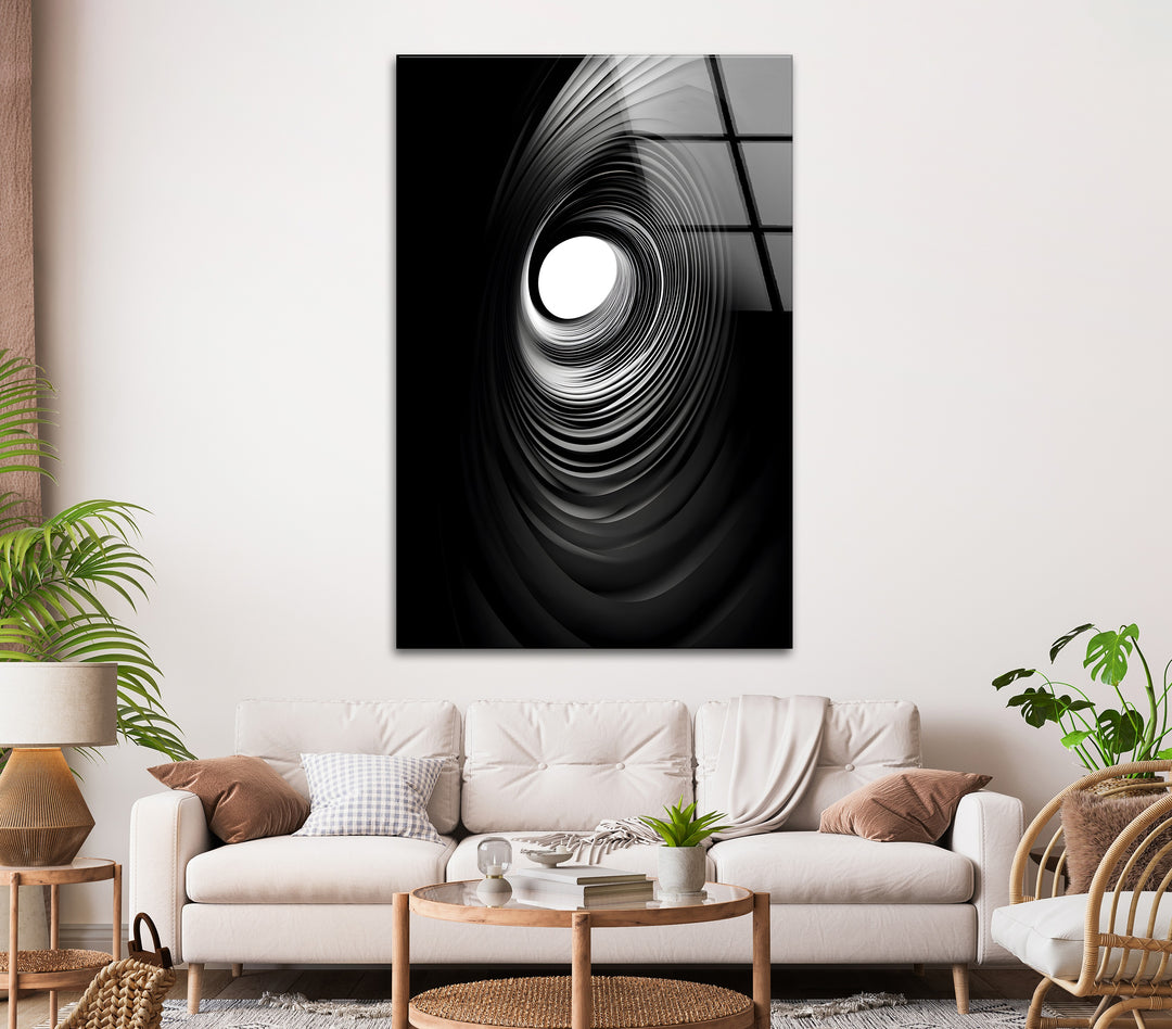 Artistic spiral design in black-and-white, printed on glass to create depth and intrigue.
