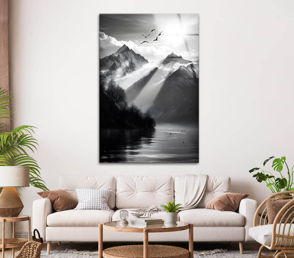 Stunning mountain scene in high-contrast black-and-white, printed on durable glass.
