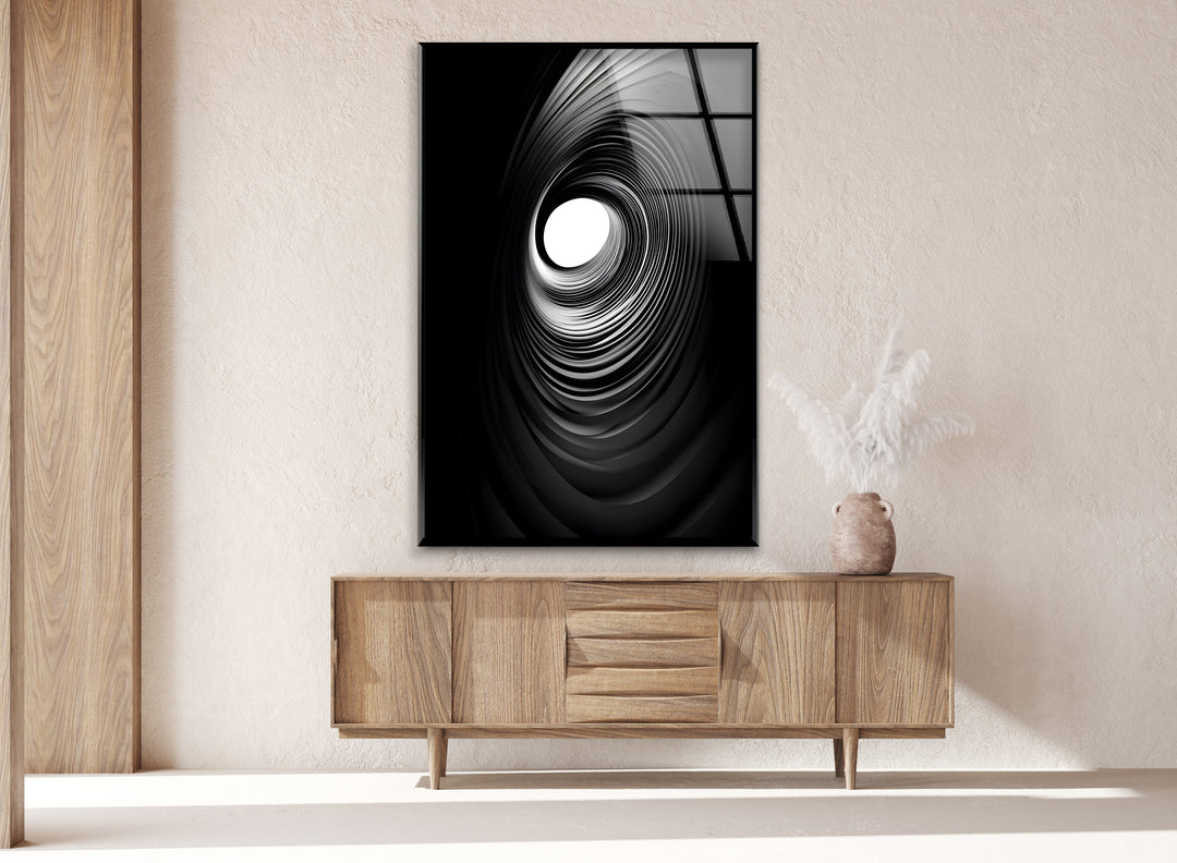 Bold and captivating spiral abstract wall art, printed on glass in high-contrast black-and-white.
